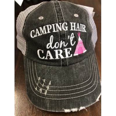 tent teepee Camping Hair Don't Care Pink Gray Mesh Distressed Trucker Hat NEW  eb-47815733